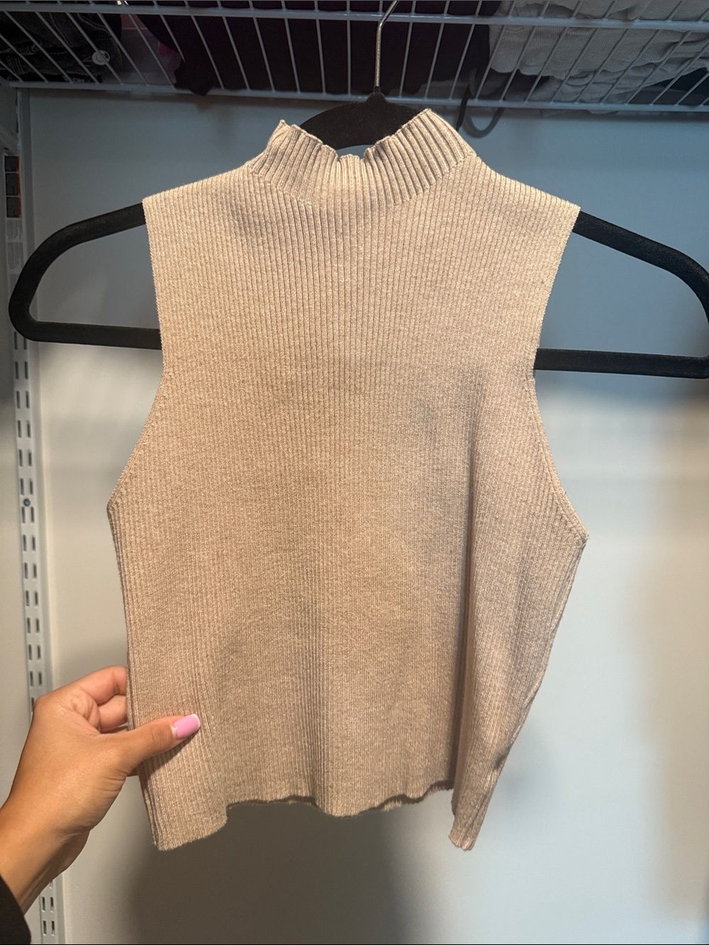 Sleeveless Mock Neck Rib Knit Top - Beige